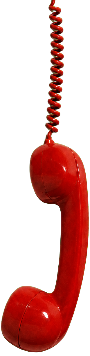 A bright red vintage telephone receiver hanging from its cord