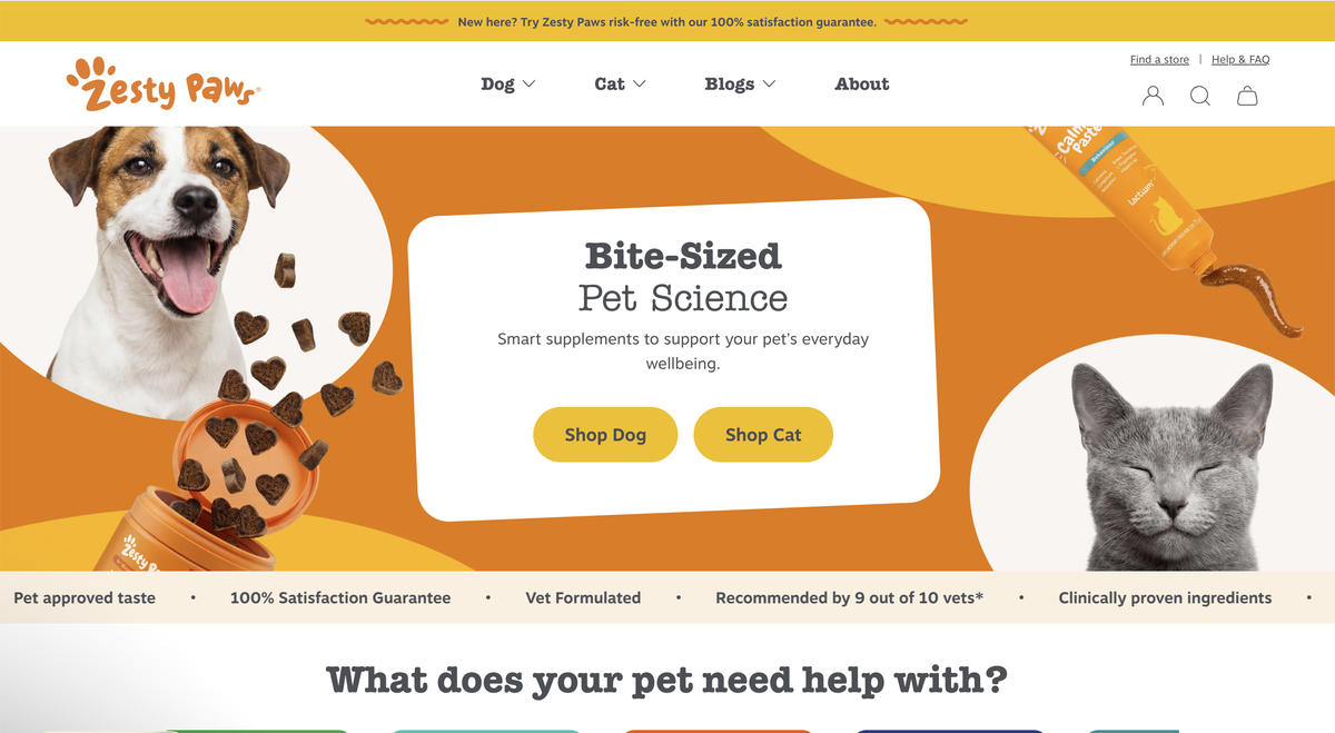 The responsive Zesty Paws ecommerce experience